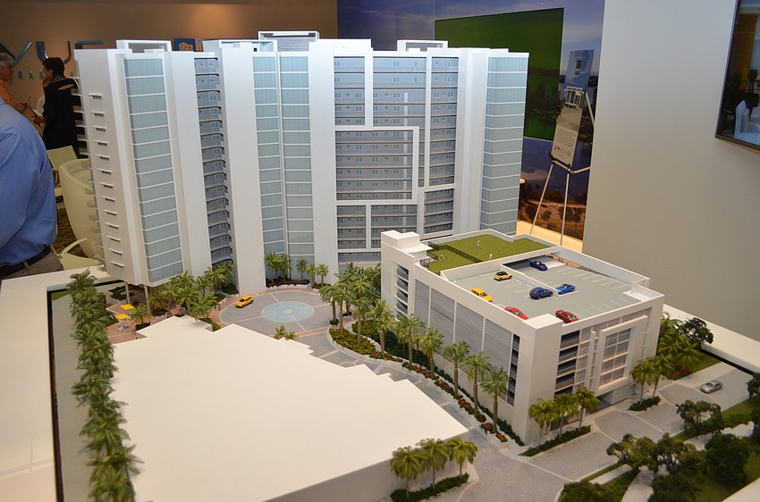 A model of the VUE condo towers and Westin hotel currently being constructed.