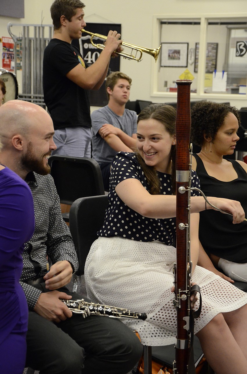 Fiati Five players Zachary Pulse, oboe, and Christina Dioguardi, bassoon, chat between master class sessions.