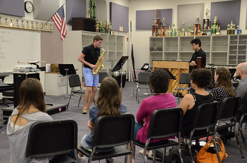 The Fiati Five instructed about 20 local students on wind instrument technique.