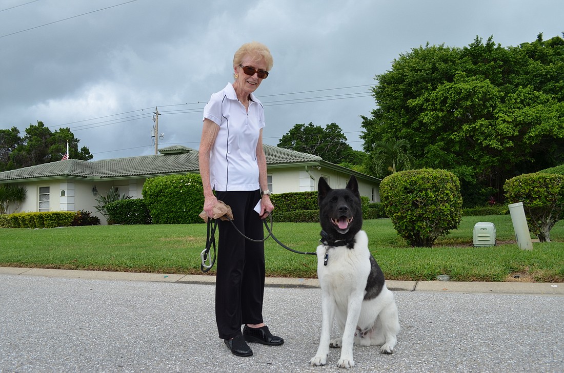 Patricia Finnan of Country Club Shores walks her Akita, Yoshi, 5, along Bogey Lane before a storm July 16.