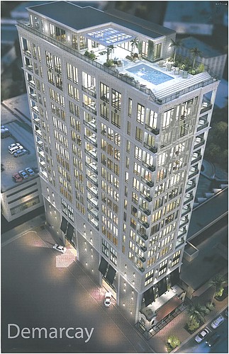 This rendering of the proposed building â€” ruled a major revision of the original site plan â€” shows the building, including the preserved facade of the DeMarcay Hotel building.