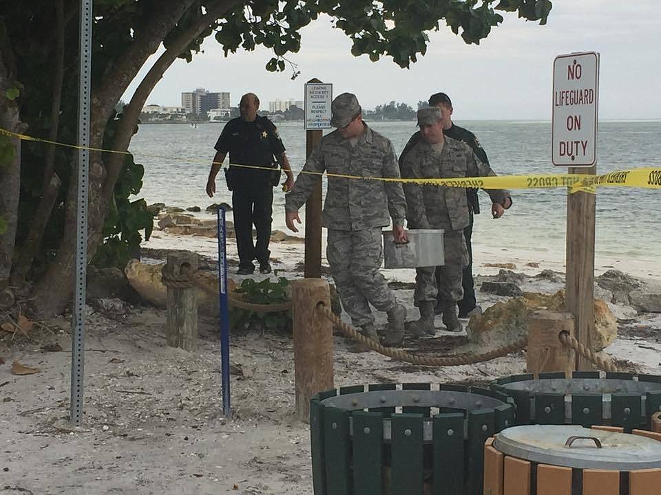 Military personnel from MacDill Air Force Base in Tampa arrived to retrieve the flare. Photo courtesy Sarasota County Sheriff's Office.