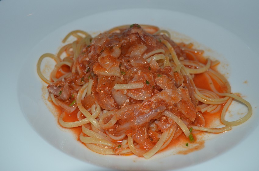 Spaghetti with onions and pancetta, used with the Spice & Tea Exchange’s Onion Obsession