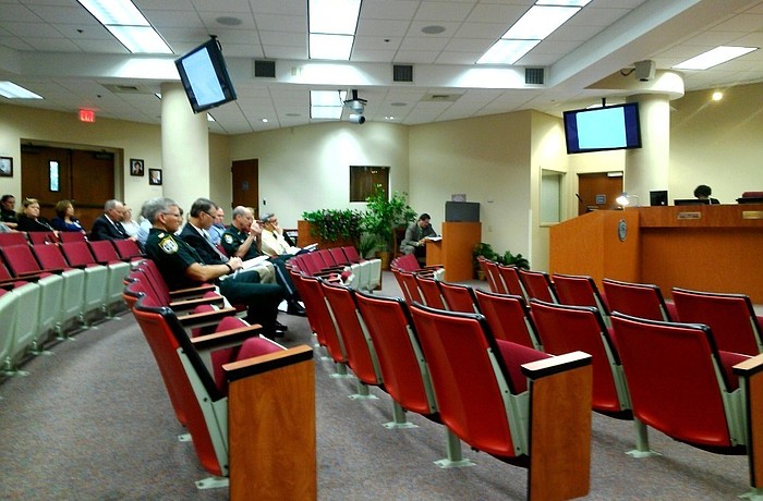 Manatee County Sheriff's Office representatives, including Sheriff Brad Steube, wait ready to fight for additional funding.