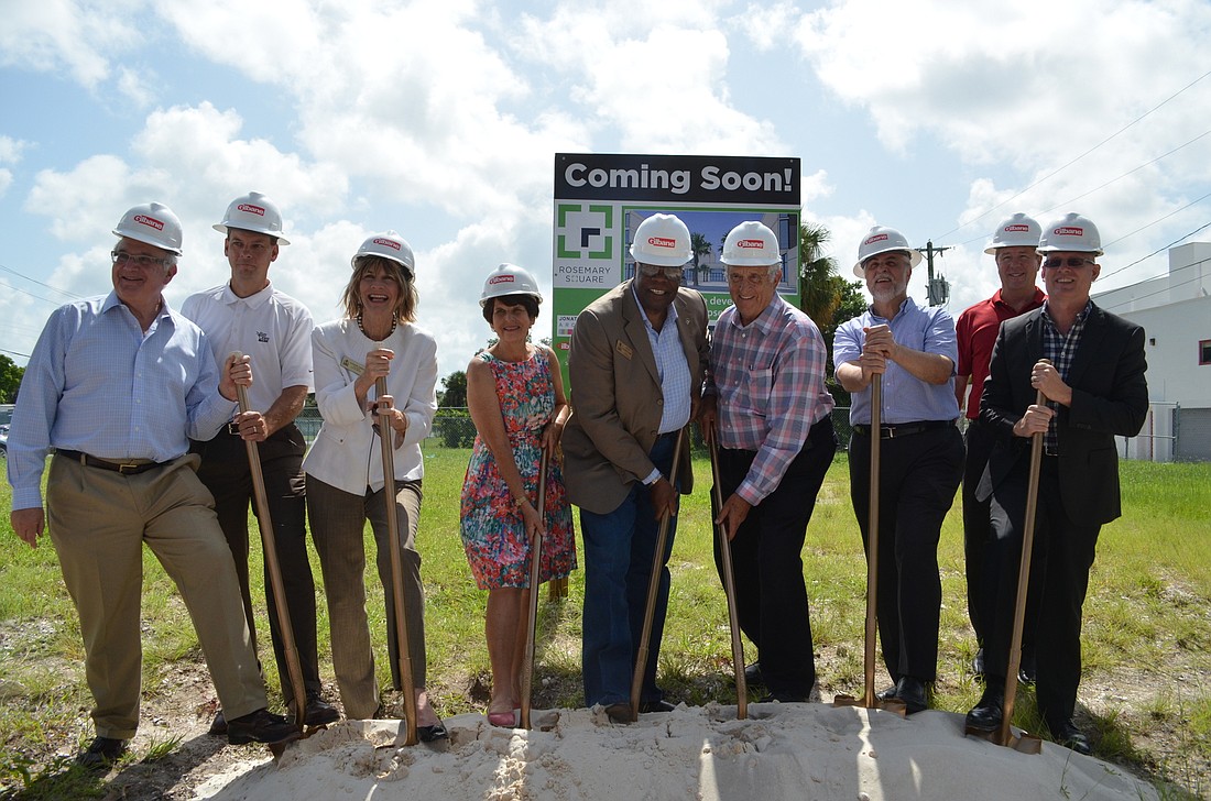 Project and city leaders â€” including Mayor Willie Shaw, developer Mark Kauffman, Sarasota Opera artistic director Victor DeRenzi and architect Jonathan Parksâ€” pose for the groundbreaking of Rosemary Square, a catalyst project for the Rosemary District.