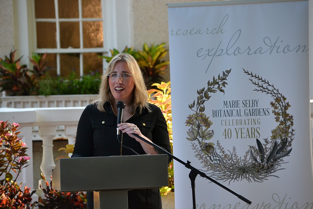 Marie Selby Botanical Gardens President and CEO Jennifer Rominiecki during the presentation for the new permanent exhibit in the Selby House Cafe.