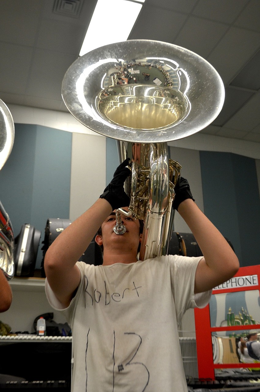 Robbie Meyers boasts a deep tone through his brass instrument.