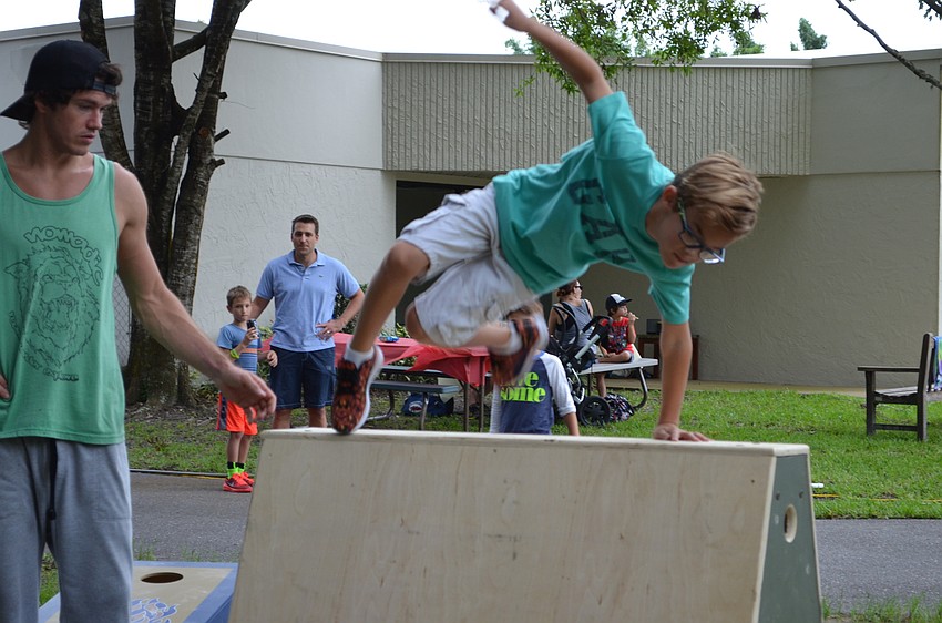 Cully Pfanmiller takes his turn on the parkour course.