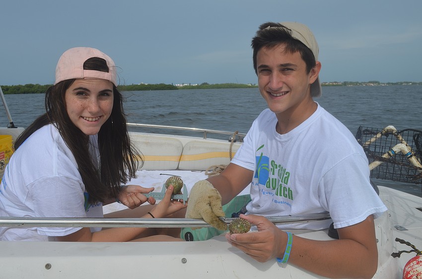 Ellie and Jack Martin measure and clean scallops.