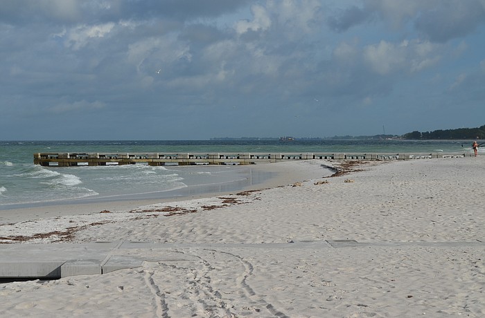 At low tide, Commissioner Phill Younger says that concrete teeth, or baffling, used to help stop the flow of sand to hold a beach, are non-existent right now in the seaward sections of the groins that jut into the Gulf. (Kurt Schultheis)