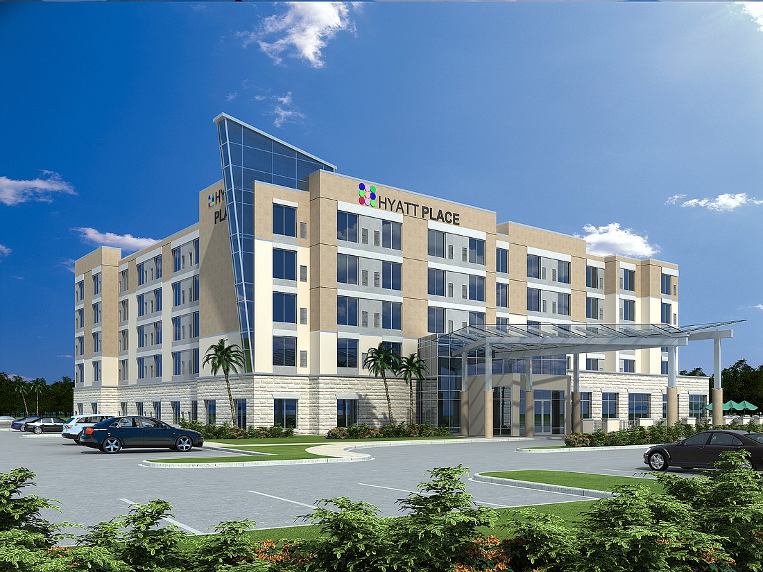 The Hyatt Place Lakewood Ranch will feature a specially-lit "sail" to make it a beacon from Interstate 75. Courtesy rendering.