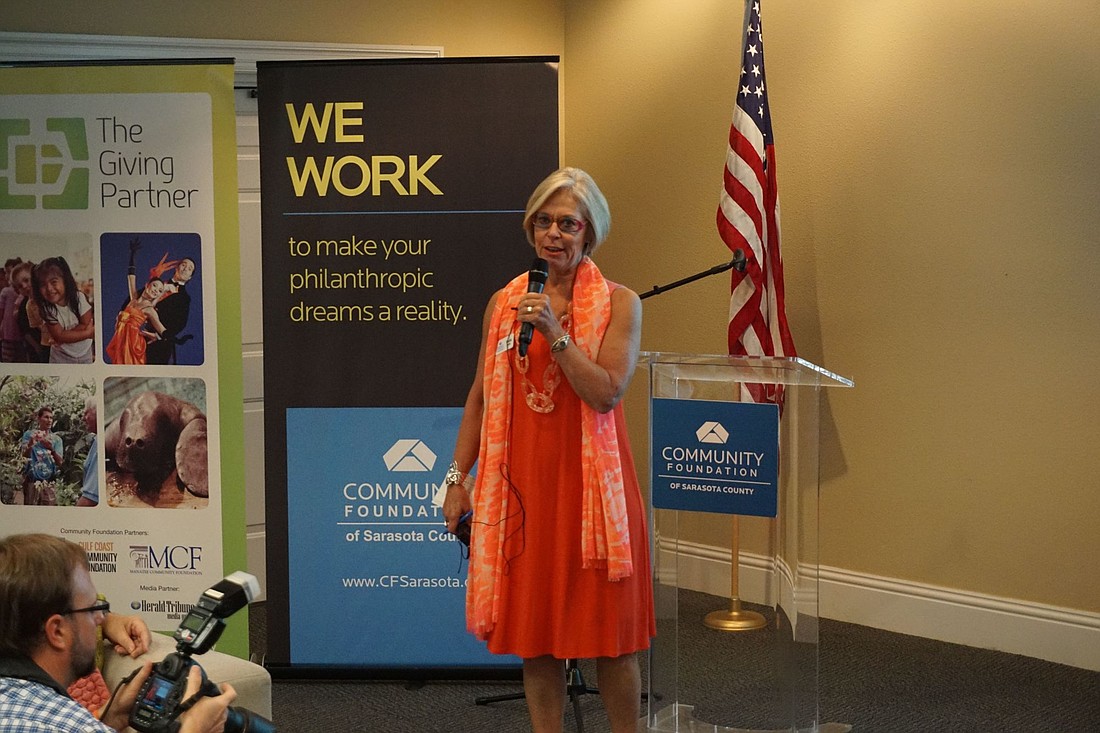 Courtesy photo. Community Foundation of Sarasota County President and CEO Roxie Jerde addresses guests at the conclusion of the 2015 Giving Challenge.