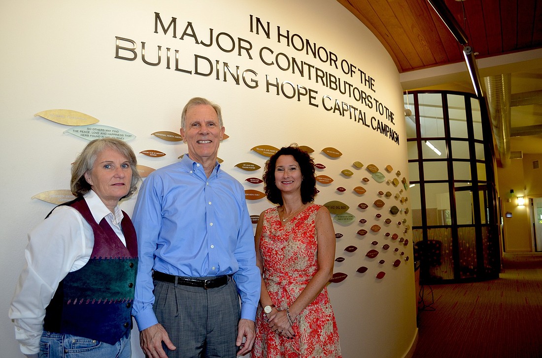 Photo by Amanda Sebastiano. Nancy Hendricks, interim CEO Ron Gelbman and Andrea Feldmar of the Center for Building Hope.