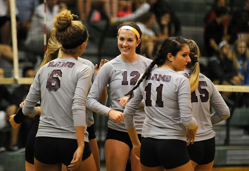 The Riverview High volleyball team celebrates a point during its 3-0 victory against Lakewood Ranch Sept. 2.