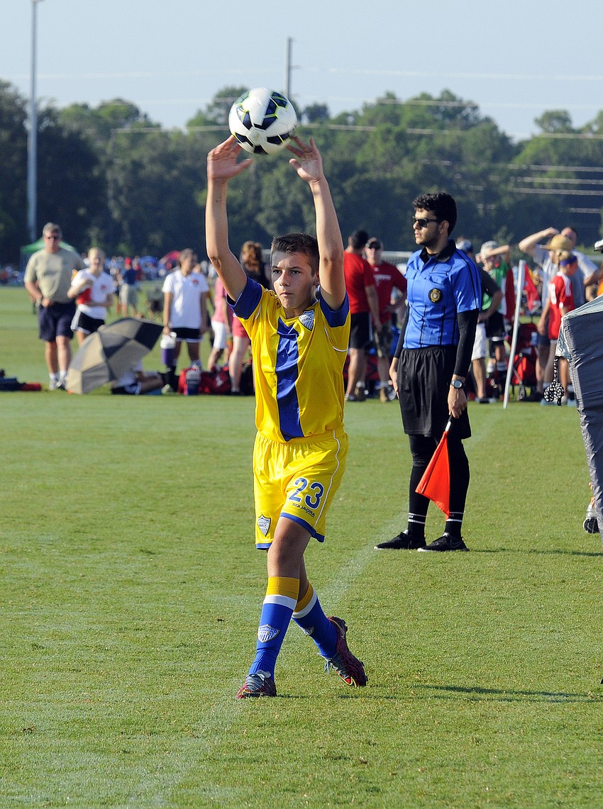 Auburndale Youth Soccer Club's Hunter Hockman throws the ball back into play.