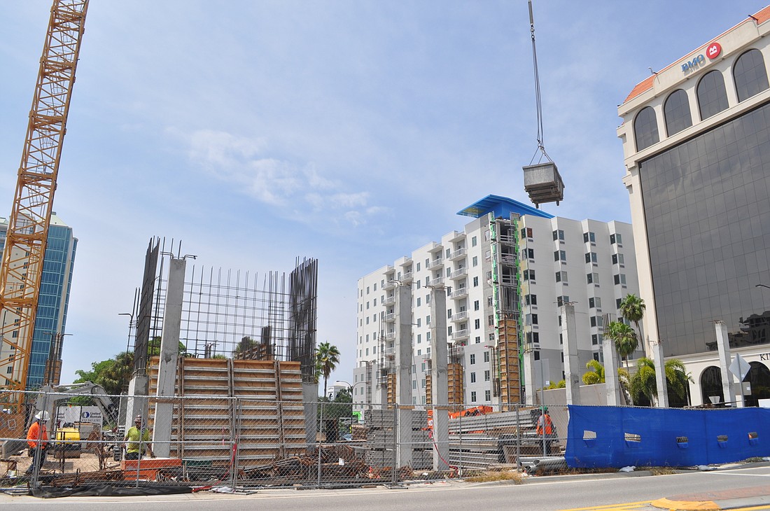 Along Ringling Boulevard, construction on Sansara has begun in earnest as work on One Palm is wrapping up.