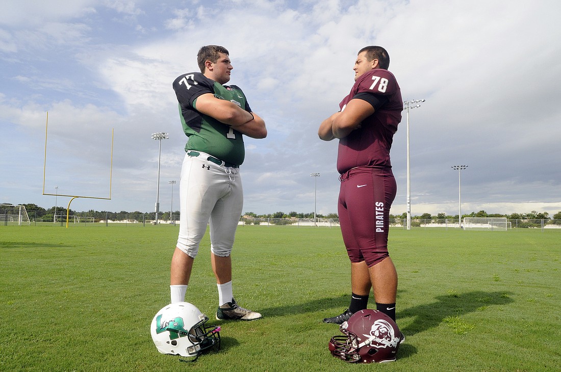 Offensive linemen Gabriel Overmyer and Alex Salguero played youth football together for the Manatee Bulls. The two will play in their final rivalry game Sept. 18.