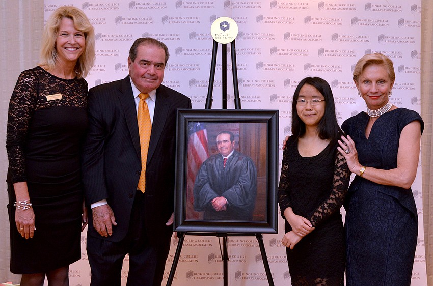 Karen Eastmoore, featured speaker Supreme Court of the United States Associate Justice Antonin Scalia, Ringling College of Art and Design student Grace Cheung and Town Hall 2015 Chairwoman Nancy Morgan