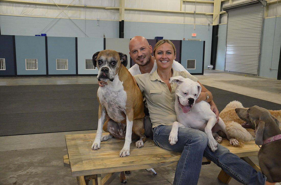 Kevin and Heather Harvey, along with their 8-year-old boxer Max on the left, opened the Woofdorf in August.