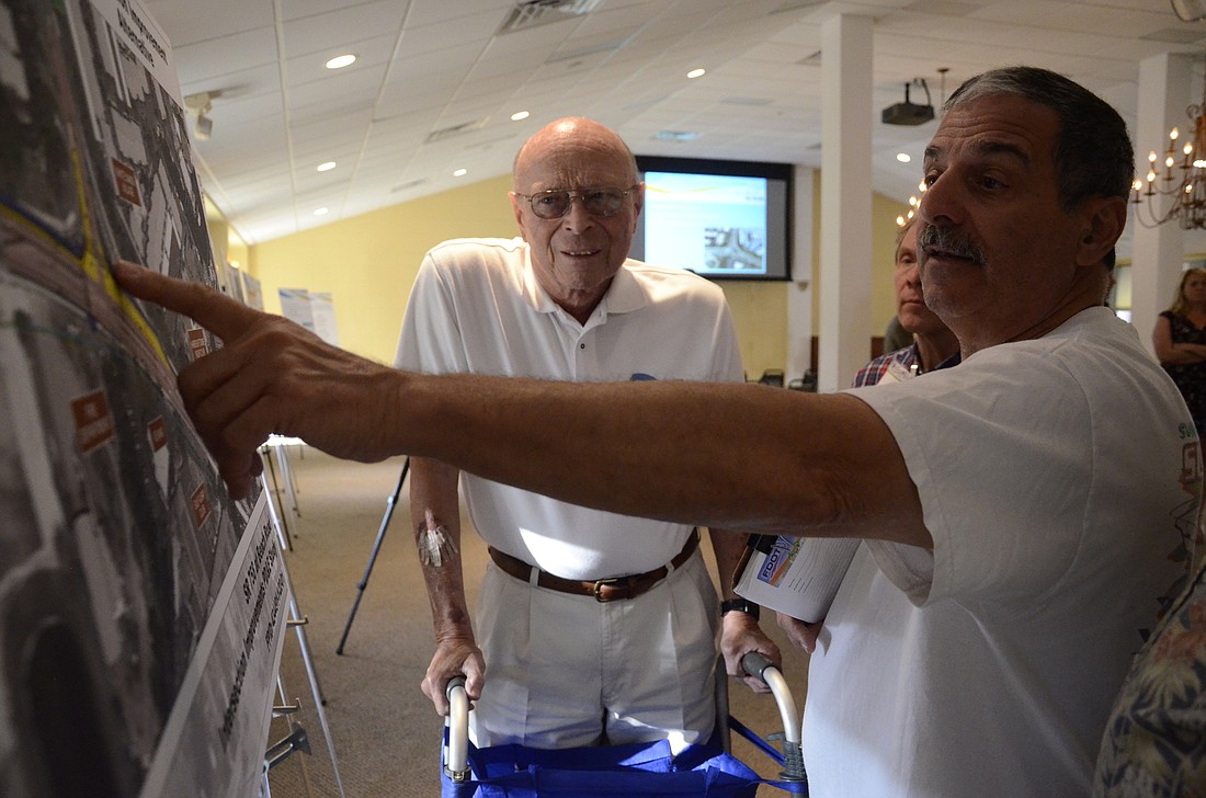 Michael Shay, Siesta Key Association president, and Walt Olson with the Siesta Key Condominium Council talk with FDOT representatives about the possible roundabout.