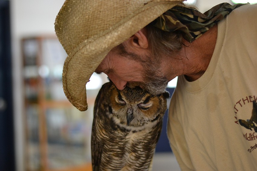 Great horn owl Cosmo and handler Justin Matthews.