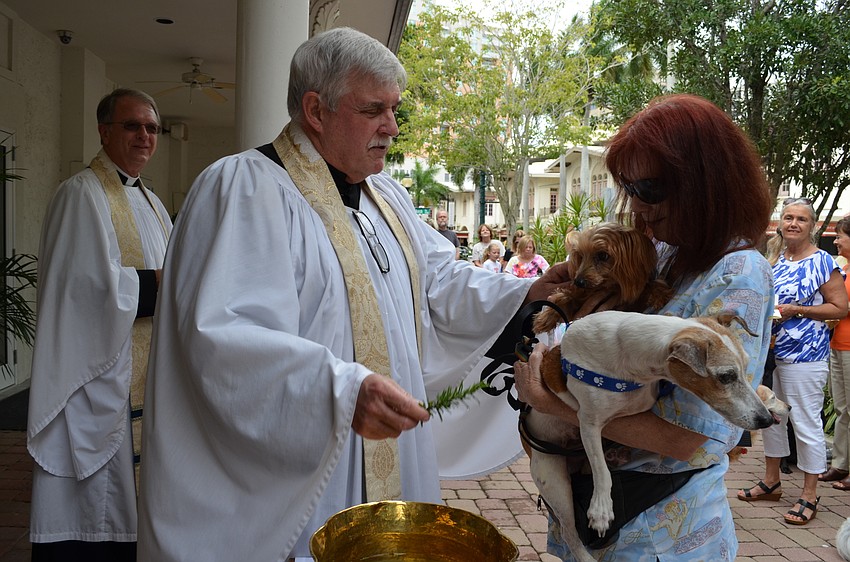 Rick Marsden blesses Milo and Pongo.