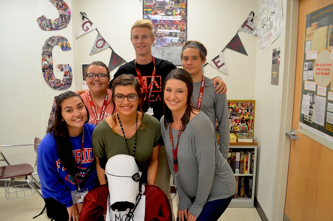 Clumpy (front row, center) enjoys time with her friends in the Student Government Association â€” Kelsey Fiander-Carr, Blake Middleton, Domenic Aluise, Emily McNulty, Ally Rahn and Briana Tyler Lutzi.