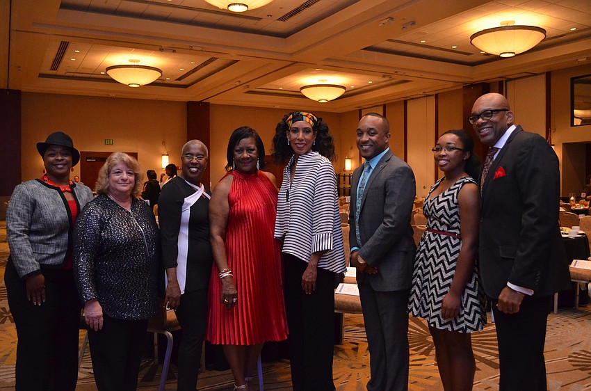 Honorees for the event Alice Jones, Rose Chapman, Sarasota County Commissioner Carolyn Mason, Carolyn Major-Harper, Dr. Lisa Merritt, Edward James III and Nicole Eddins with Sarasota NAACP President Trevor Harvey.