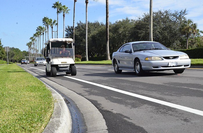 Karen Clark drives her golf cart south on Tara Boulevard. She and many others attended the Oct. 6 county commission meeting. "Im hopeful theyâ€™ll leave our roads untouched," Clark said.