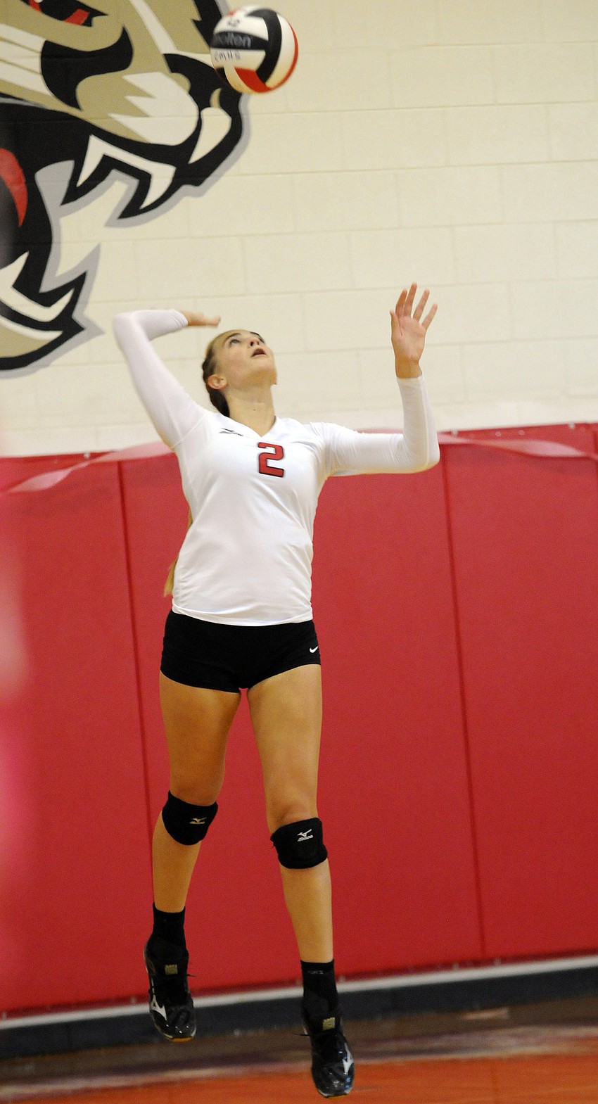 Cardinal Mooney's Madison McNally serves the ball for the Lady Cougars.