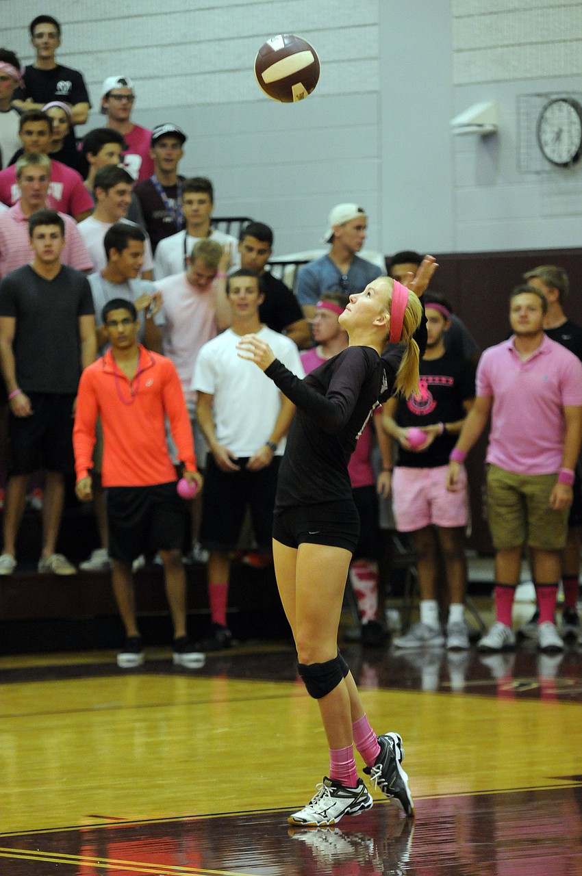 Riverview senior Mikaela Braune serves the ball during the first set.