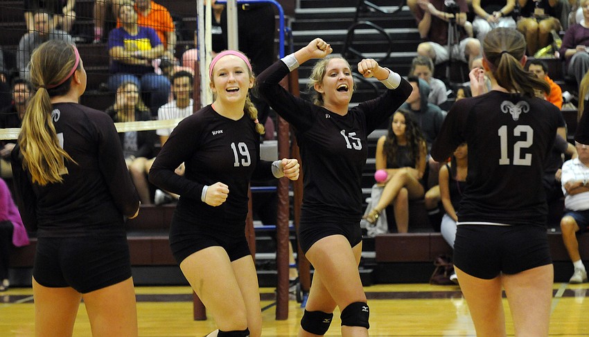 The Riverview High volleyball team celebrates a point during its 3-0 victory versus Sarasota Oct. 14.