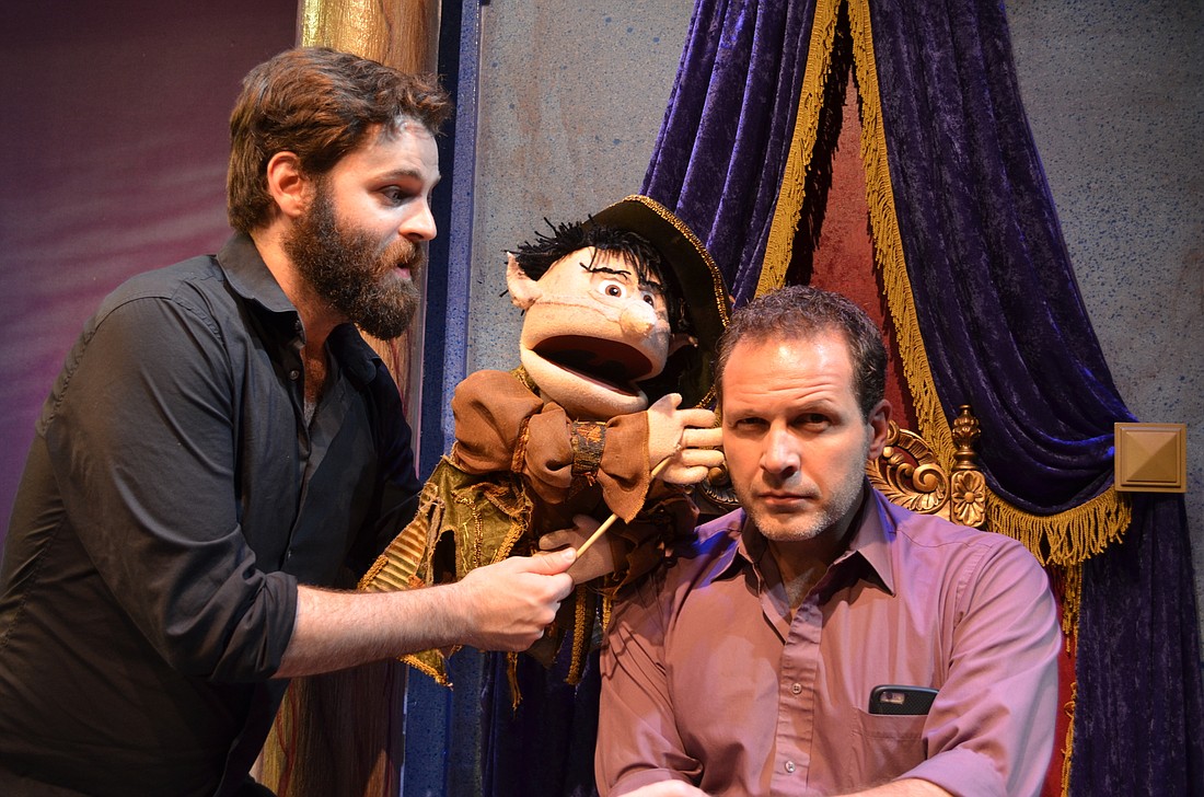 Andrew Deep and Rumplestiltskin pester director Jason Cannon at Florida Studio Theatre.