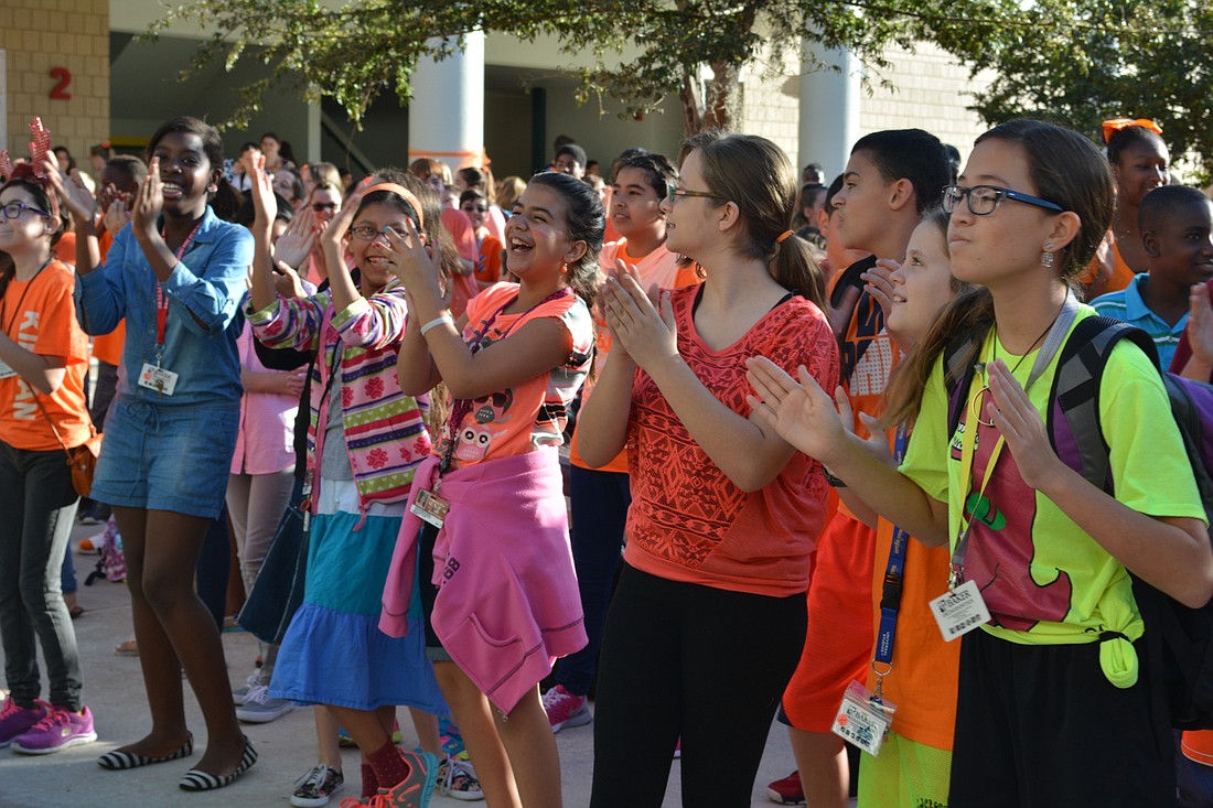 Braden River Middle School students dance in the courtyard before class Oct. 21 in celebration of anti-bullying efforts.
