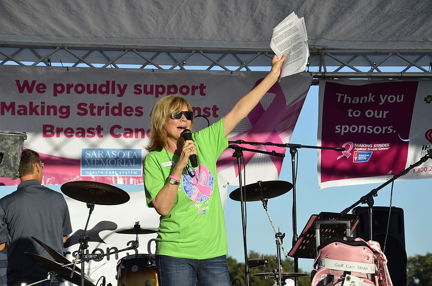 Manatee County Commissioner Carol Whitmore rallies the walkers before the event began.