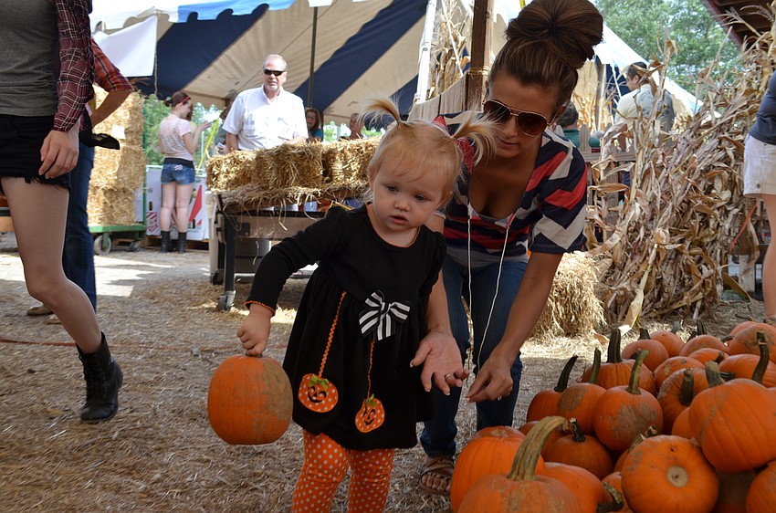 Finnley O'Connor picks out pumpkins with her mother Emma.