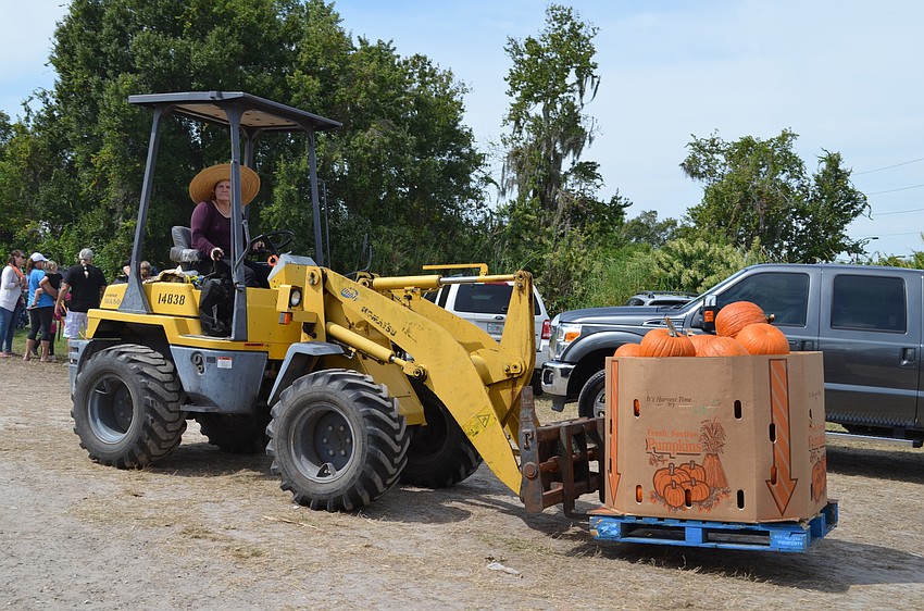 Kim White brings in another pallet of pumpkins.