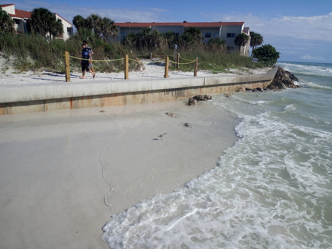 Beachgoers have less access at the North Shore Road beach access as sand erodes to the Longbeach seawall. (courtesy of Gene Jaleski)