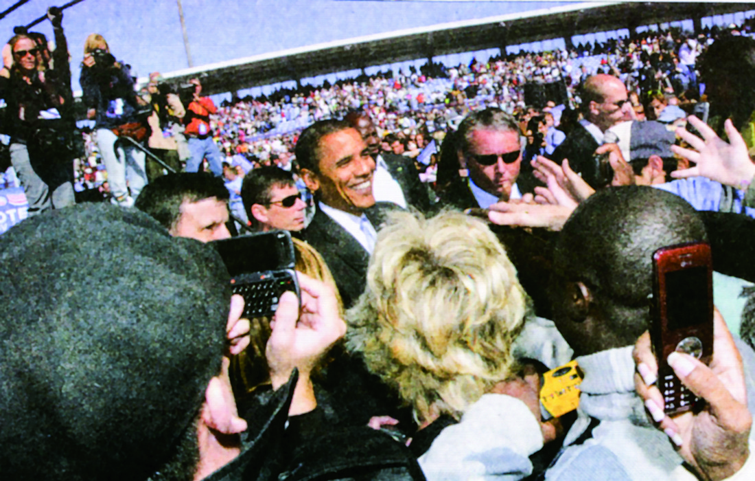 Then Sen. Barak Obama greets supporters at Ed Smith Stadium.
