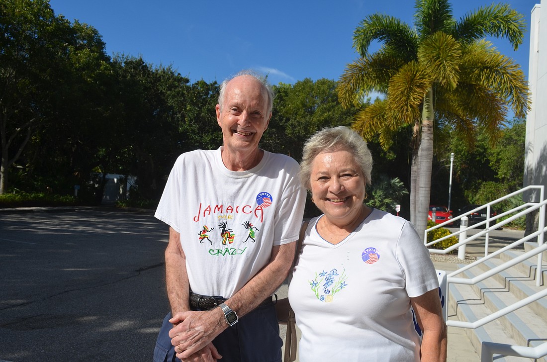 Longboat Key residents Jere and Joanne Sheehan took advantage of early voting Monday at Town Hall (Kristen Herhold).
