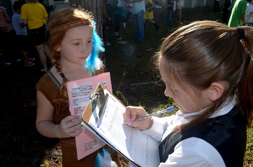 Kayla Cadet asks Pocahontas, or Kathleen Martin, about her project.