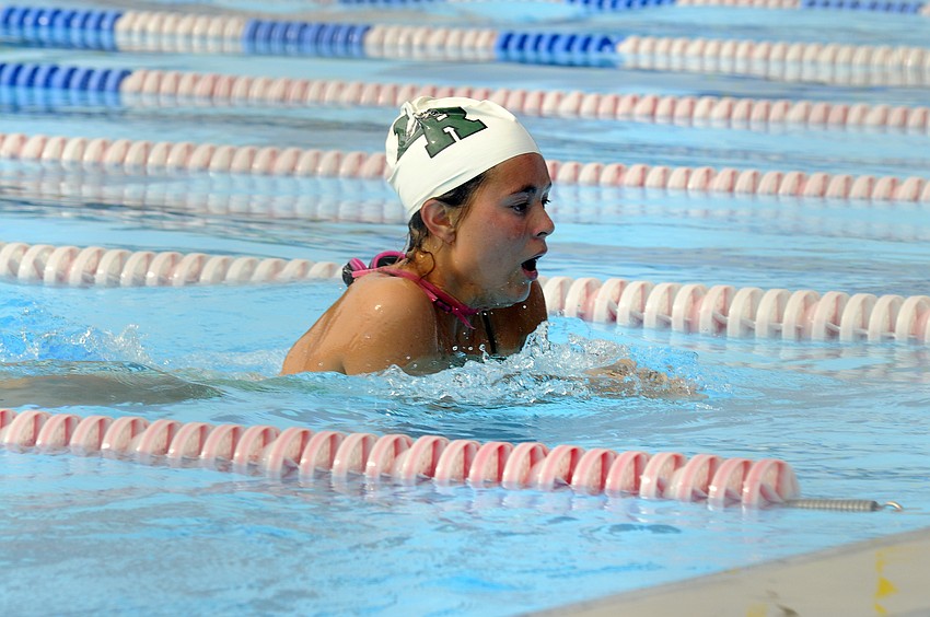 Lakewood Ranch junior Rachel Towe pushes on after losing her goggles midway through the 200-yard individual medley.