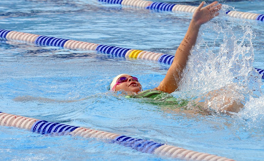 Lakewood Ranch's Halie Basden swims the backstroke during the 200-yard individual medley.