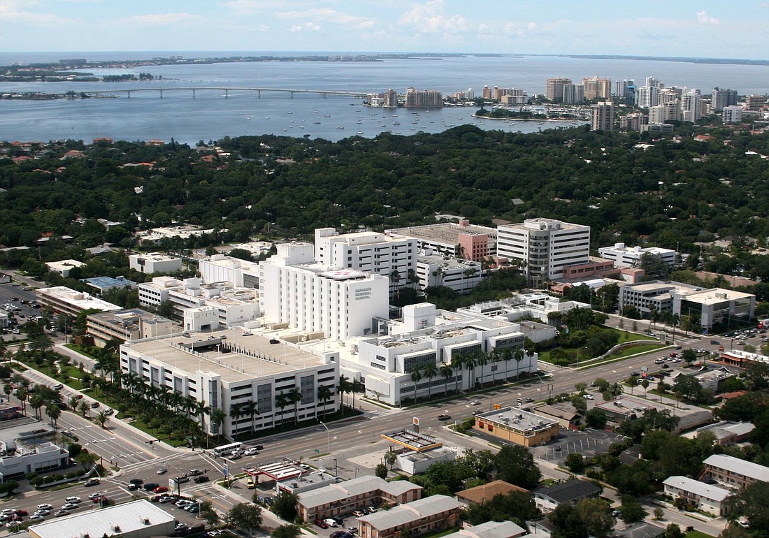 File photo. An aerial of the Sarasota Memorial Hospital campus in January 2011 prior to the construction of the courtyard tower.
