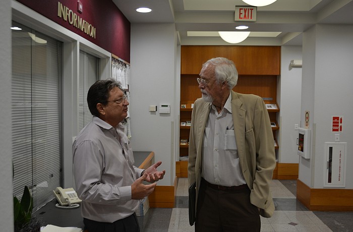 Stephen Suau, who said the Fruitville Initiative was his brainchild in 2002, and Wade Matthews, the conservation chair for Sarasota Audubon Society, discuss Sarasota County commissioners denying an amendment to the Fruitville Initiative on Oct. 28.