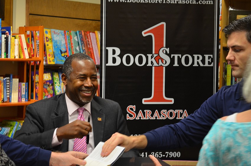 Republican presidential candidate Ben Carson begins signing books today, at BookStore1Sarasota on Main Street.