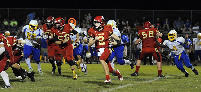 Cardinal Mooney quarterback Tristan Hillerich scrambles for yardage during the Cougars regular season finale versus Bayshore Nov. 6.