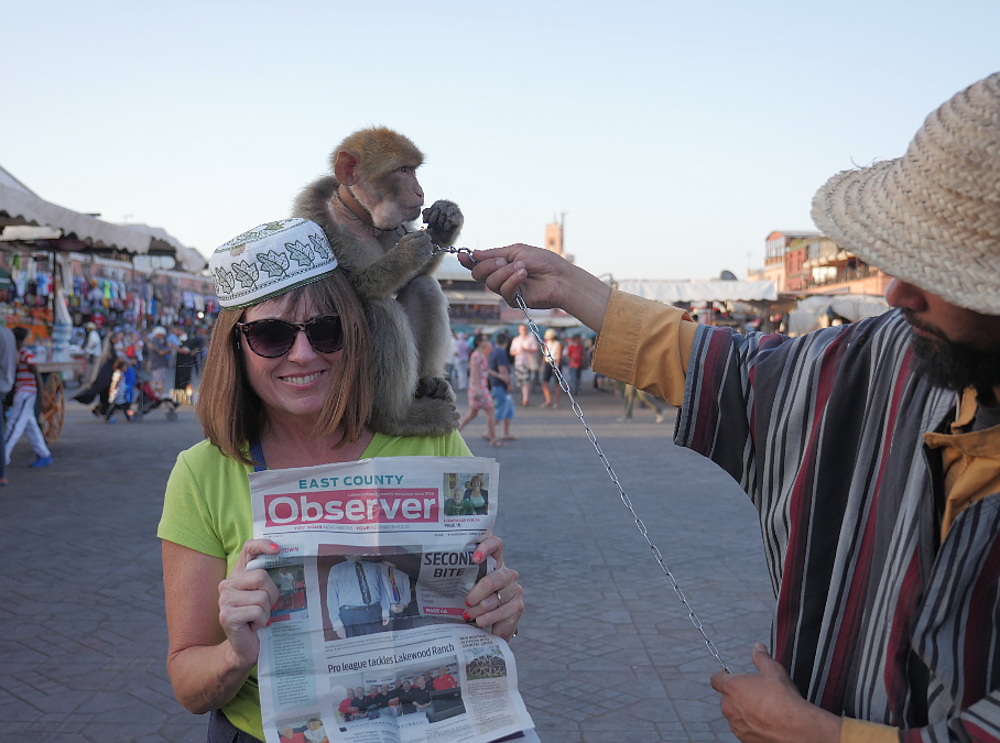 WINNER: Even monkeys enjoy reading the East County Observer! Wendy Pittman shares her newspaper with a furry friend at the Jemaa el-Fnaa Market in Marrakesh, Morocco.