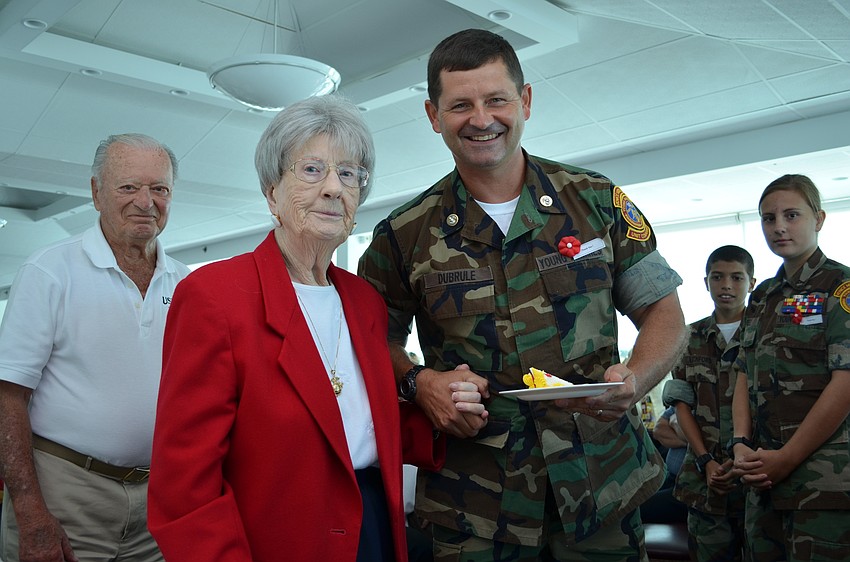 The two guests of honor, WWII Marine veteran Blanche Mettler and Maj. Mike Dubrule.