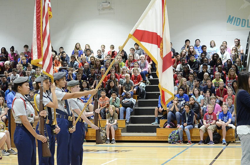 The Braden River High School Color Guard presented the flags at the assembly.